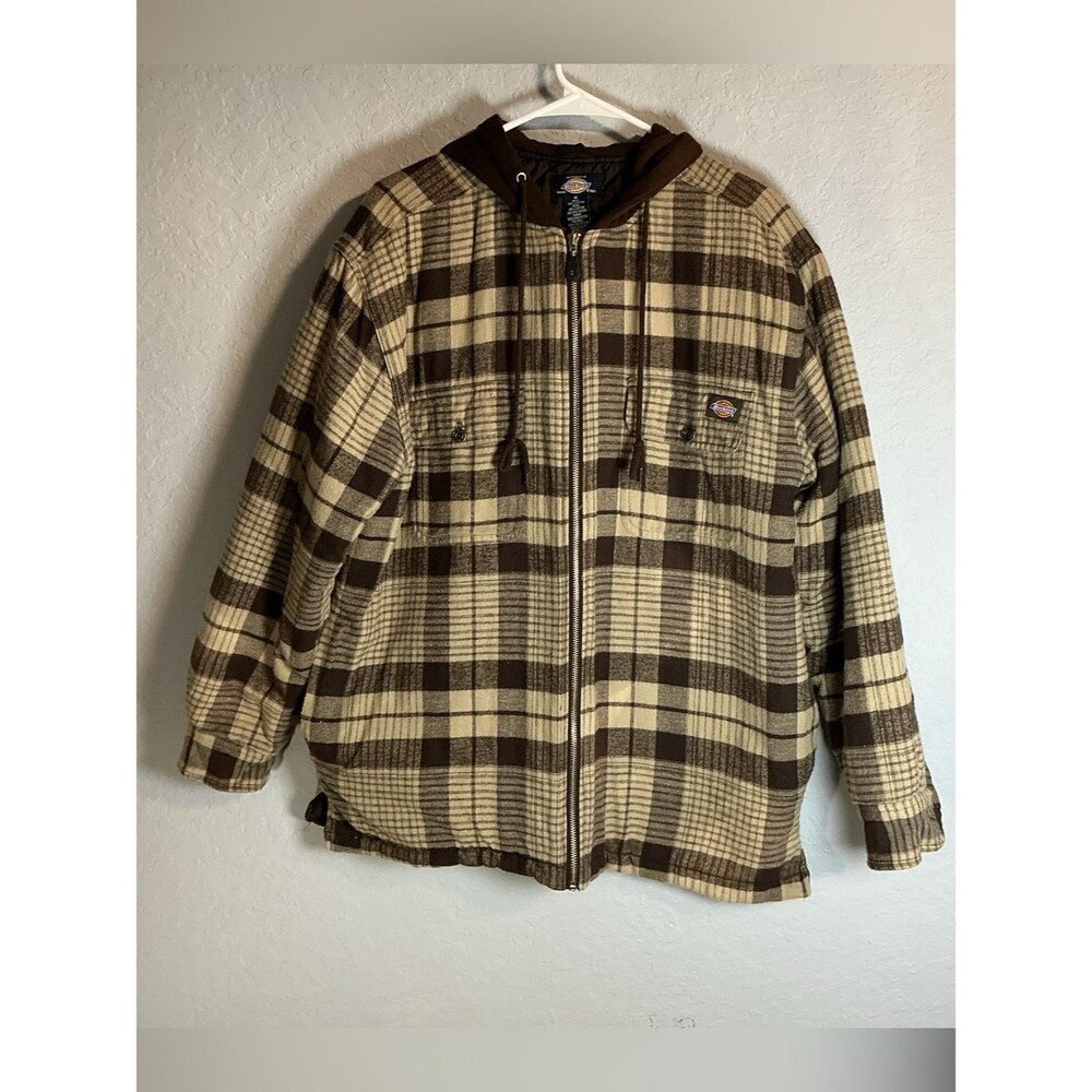 Dickies Authentic Men Brown and Cream Plaid Hooded Zip Jacket Size M Cotton.